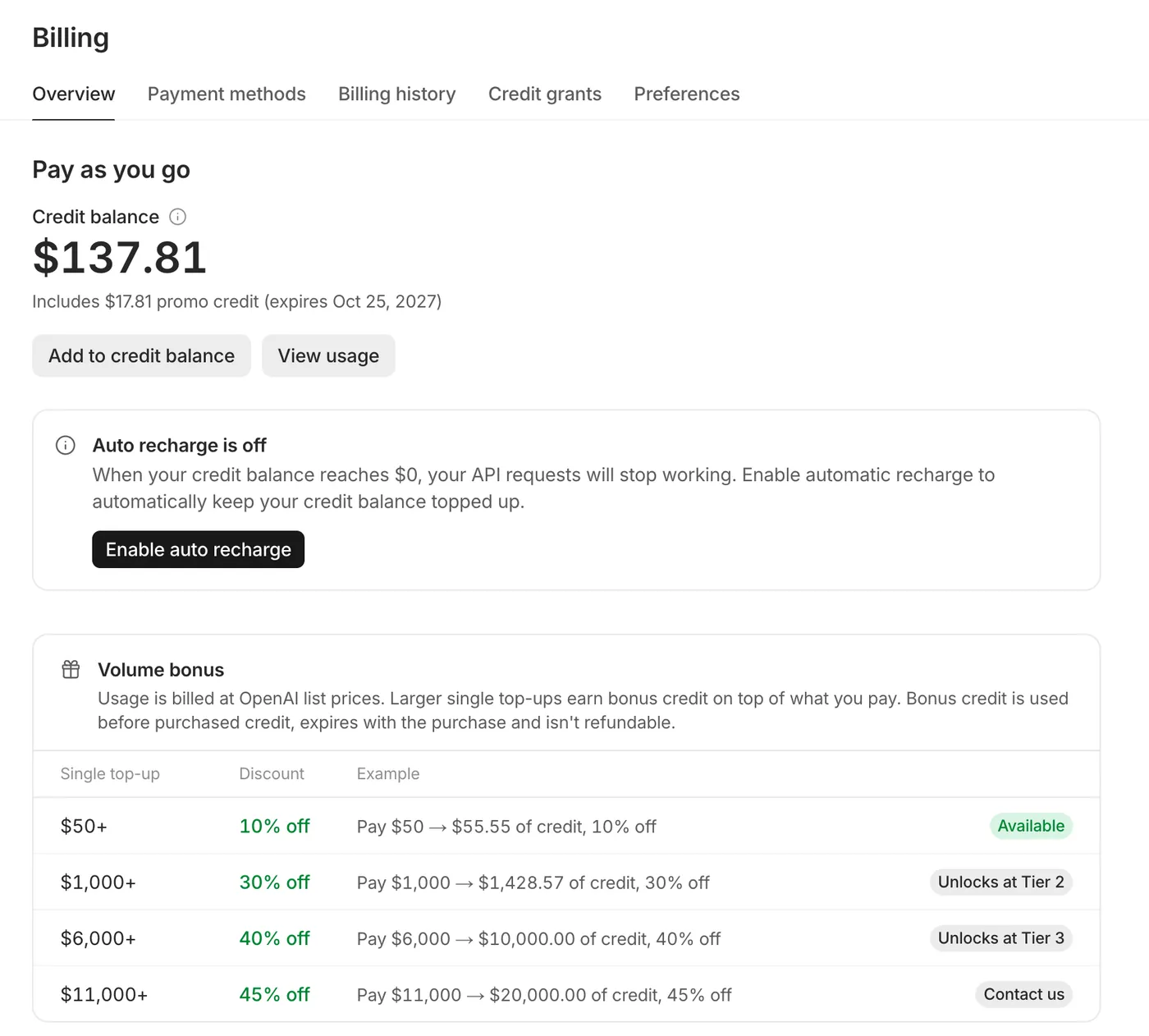 The Billing overview with example data: a credit balance, the auto recharge setting and the volume bonus table for single top-ups.